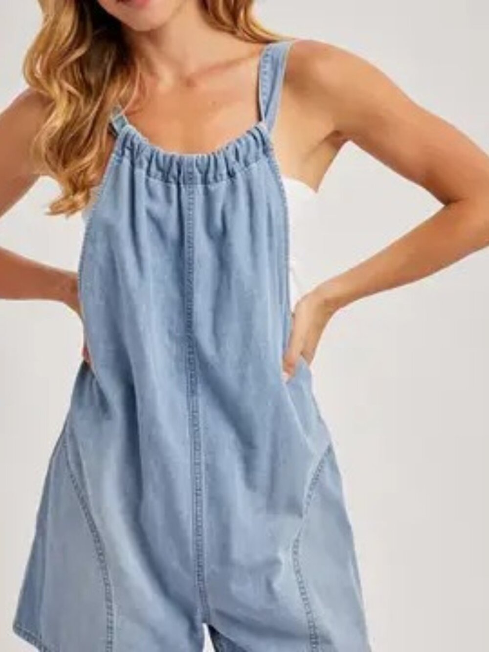 Denim Washed Shortalls Romper- Light Wash